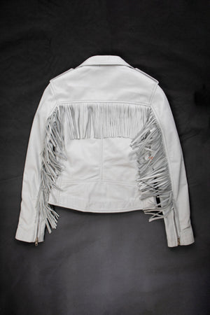 White leather tassel biker jacket